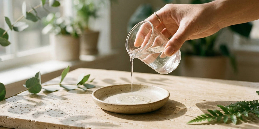 Hand pouring water from a glass into a ceramic bowl on a wooden surface with plants in the background.