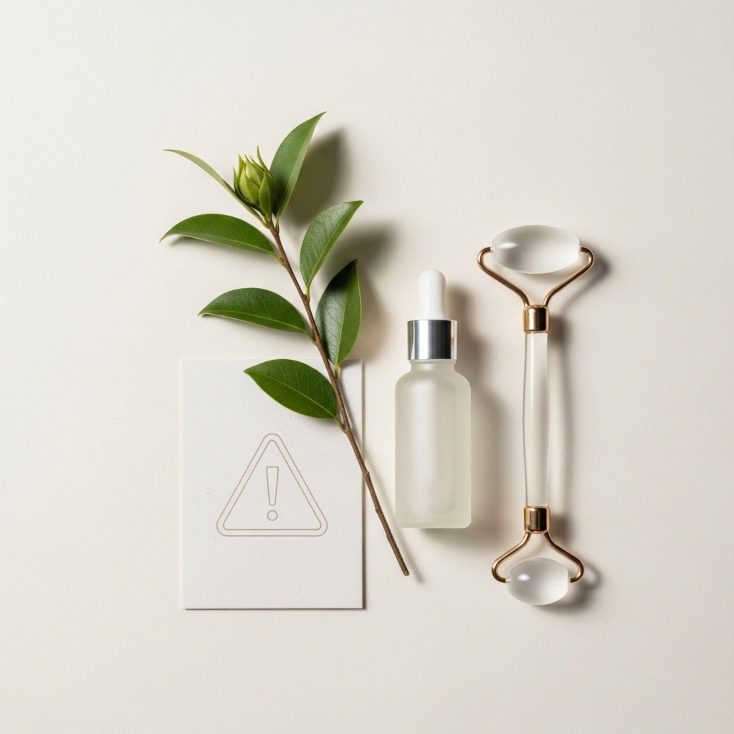 Skincare products including a dropper, bottle, and roller on a light background with a leafy branch.